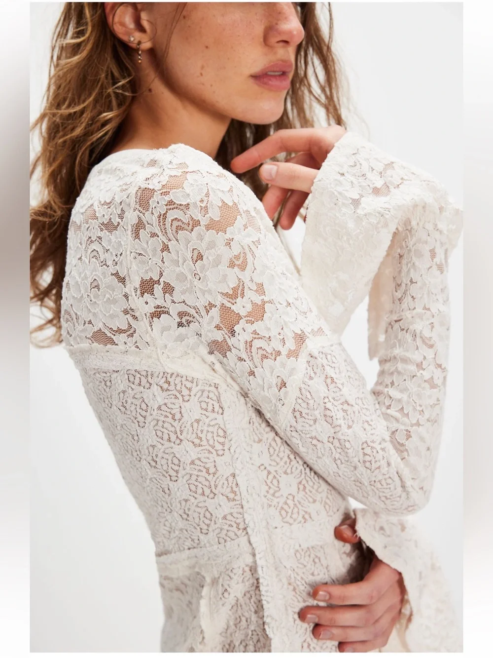 Free People Sheer Lace Flared Long Sleeve Top in Sugar Swizzle